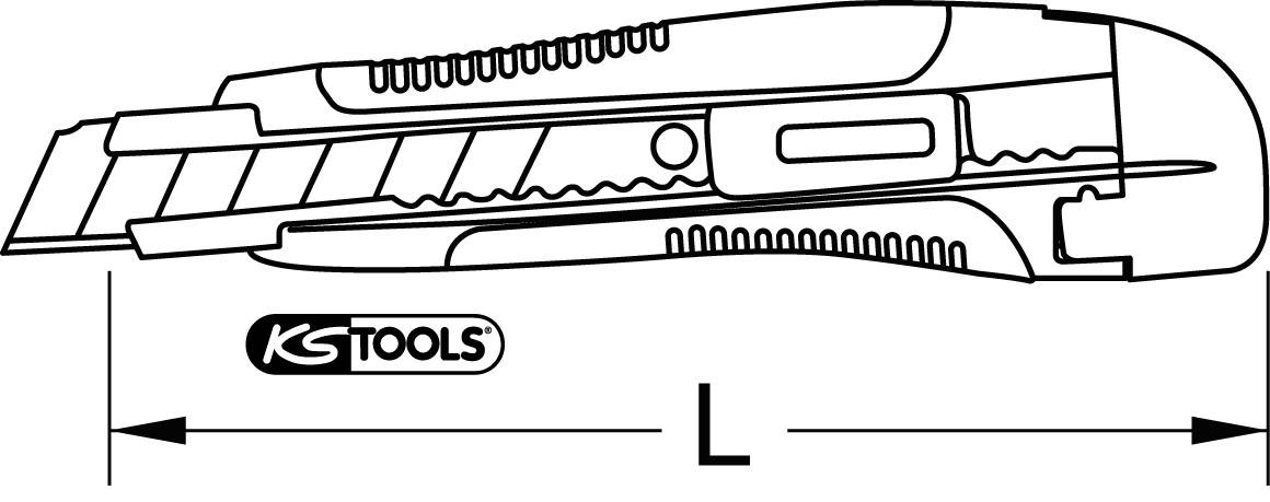 Abbildung eines Cuttermessers von KS Tools mit einziehbarer Klinge auf einem Maßstab, der die Länge 'L' angibt.