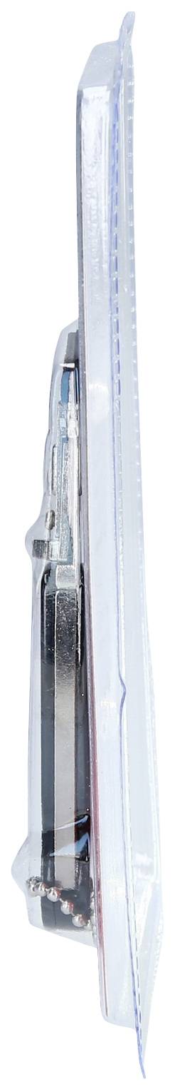 Seitliche Ansicht einer verschlossenen Plastikverpackung mit einem Metallgegenstand darin.