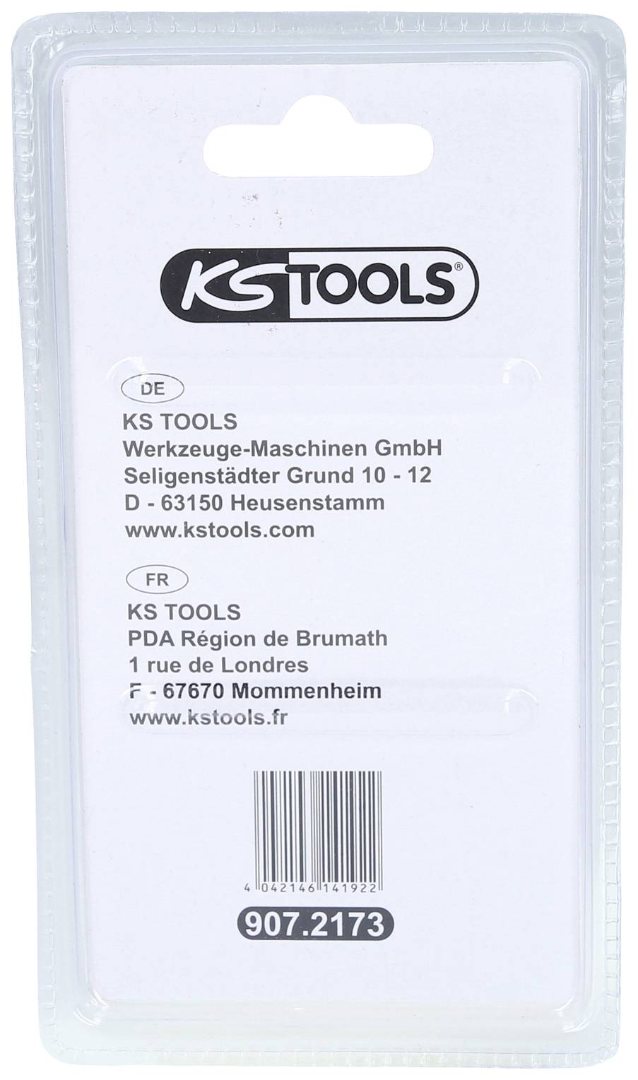 Rückseite einer Produktverpackung von KS Tools mit Firmenadresse in Deutschland und Frankreich, sowie der Website www.kstools.com.