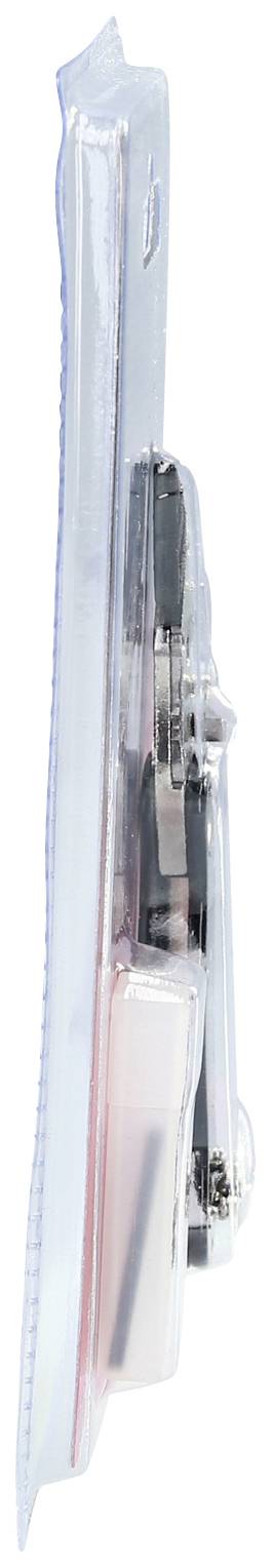 Ein Zirkelset in einer durchsichtigen Plastikverpackung, seitliche Ansicht.