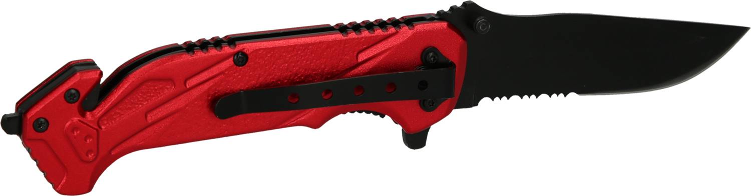 Ein rotes Klappmesser mit schwarzer Klinge und Gürtelclip auf der Rückseite, ideal für Outdoor-Aktivitäten und Notfälle.