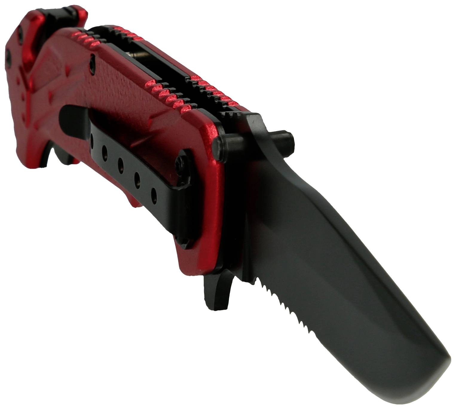 Rotes Klappmesser mit gezackter, schwarz beschichteter Klinge, teilweise geöffnet.