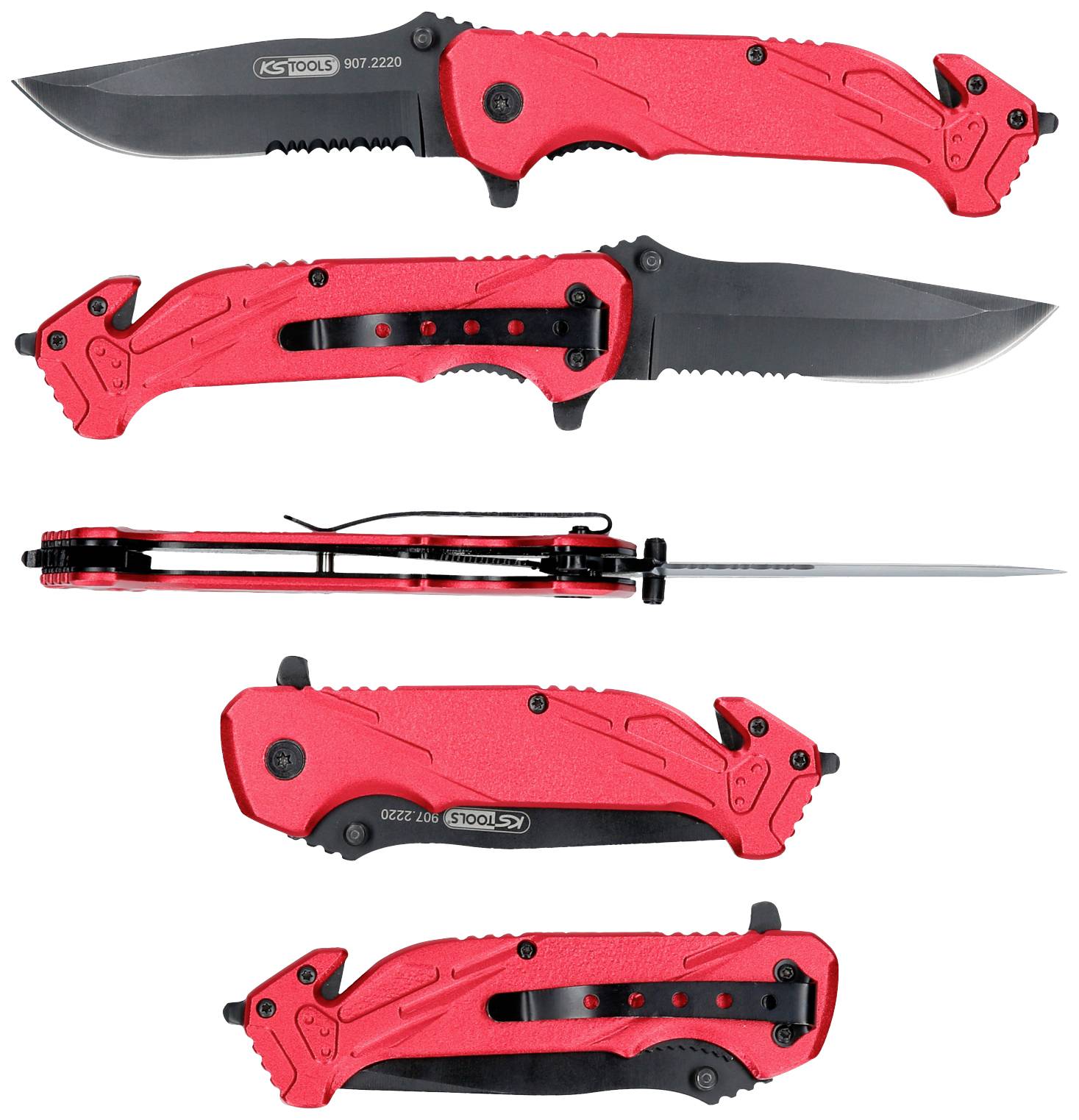 Rotes Klappmesser mit schwarzer Klinge in verschiedenen Ansichten. Markantes Design mit gezackter Kante und Gürtelclip.