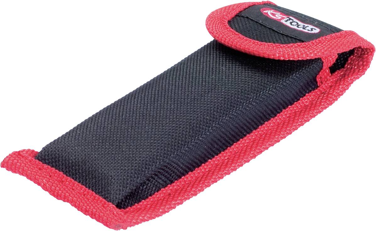 Schwarze Werkzeugtasche mit rotem Rand, aus robustem Material, oben mit Klappe und Klettverschluss, geeignet zur Aufbewahrung kleiner Werkzeuge.