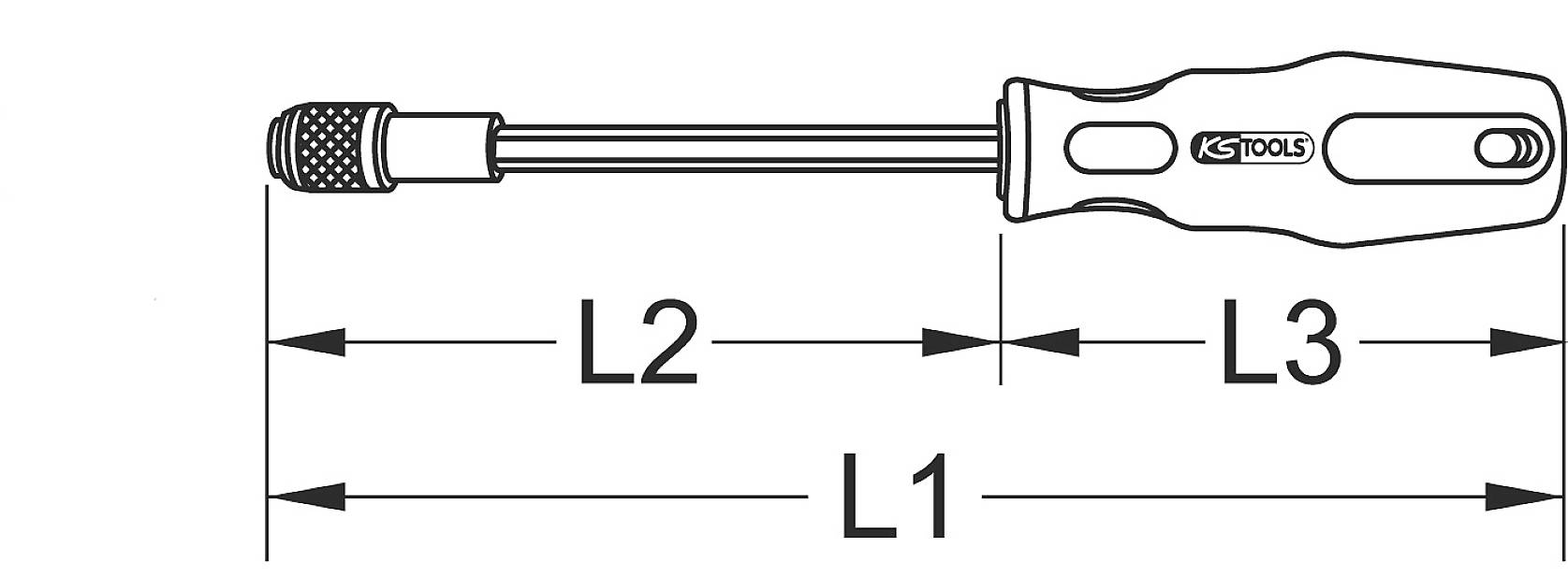 'Abbildung eines Schraubendrehers mit Griff und Schaft. Längen L1, L2, L3 sind markiert. Griff mit ergonomischem Design.'