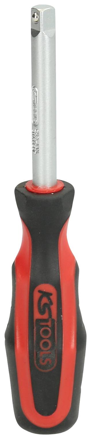 Ein Schraubendreher mit rotem und schwarzem Griff, versehen mit einem silbernen Schaft, der für Sechskantschrauben geeignet ist.