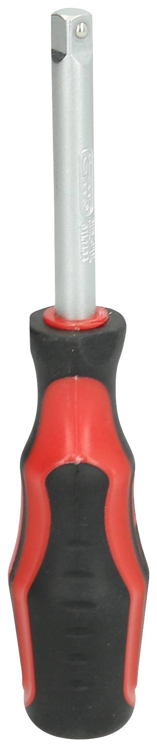 Ein Schraubendreher mit rotem und schwarzem Griff, geeignet für Schlitzschrauben.