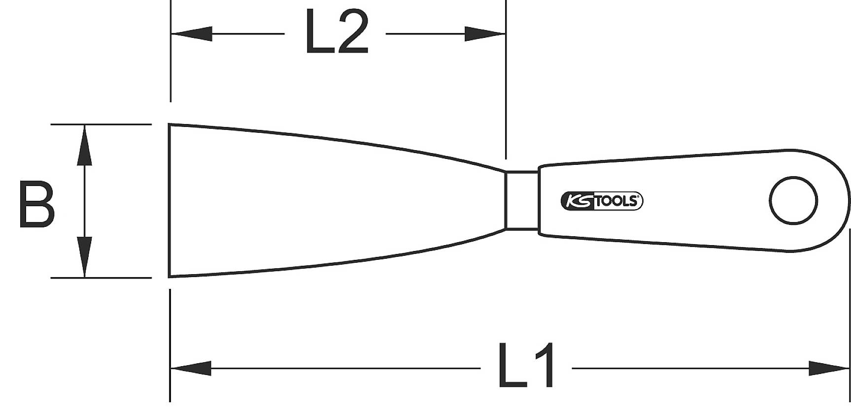 'Spachtel mit Griff und Maßeinheiten L1, L2 und B'