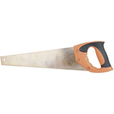 Handsäge mit orangenem Griff und gezacktem Metallblatt, ideal zum Schneiden von Holz.