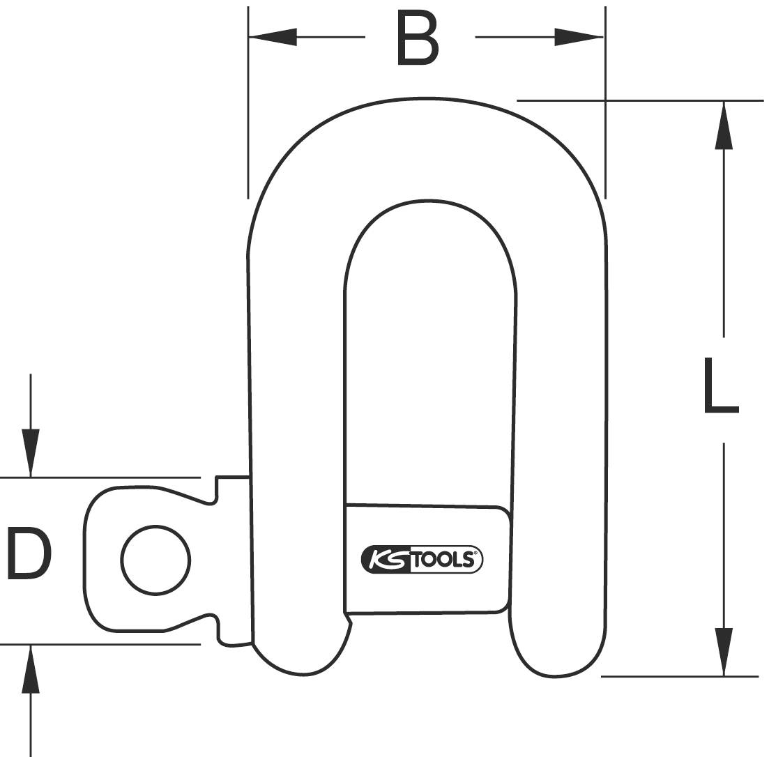 Abbildung eines Schäkel-Schlosses mit den Maßen: Gesamtlänge (L), Bügelbreite (B) und Schäkelstärke (D). 'KS Tools'-Logo sichtbar.