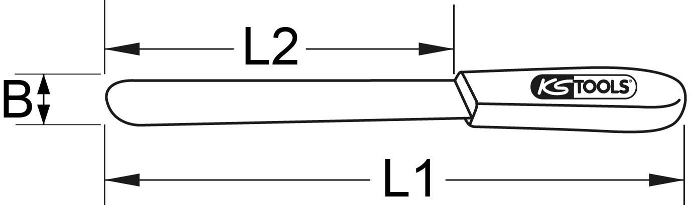 Illustration eines Werkzeugs mit zwei Längenmaßen L1 und L2 sowie einem Breitenmaß B. 'KS Tools'-Logo auf dem Griff.