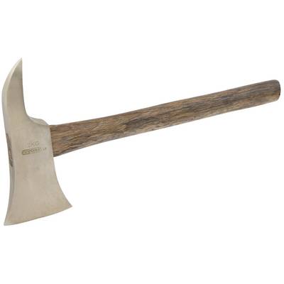 Eine Axt mit einem hölzernen Griff und einem 2-kg-Stahlkopf. Die Klinge ist scharf und leicht gekrümmt.
