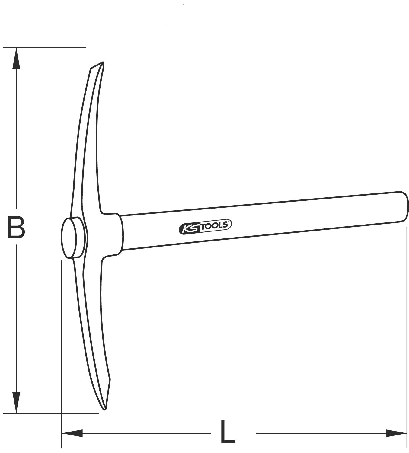 Zeichnung eines Hammers mit gebogenem Kopf und rundem Griff. Bezeichnet als 'KS Tools'. Pfeile zeigen Länge (L) und Breite (B).