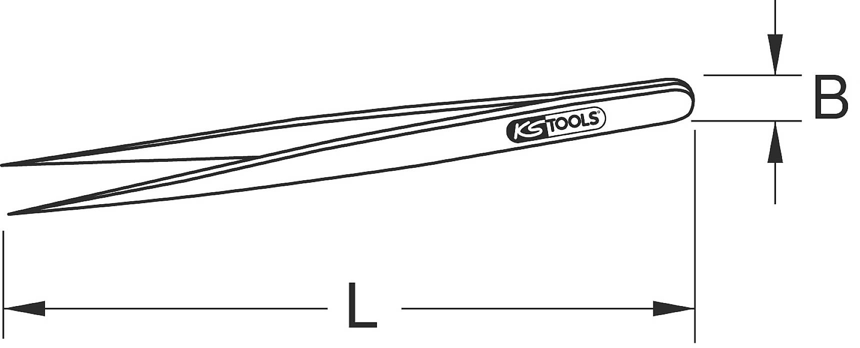 'Zeichnung einer Pinzette von KS Tools, mit Längenmaß L und Breitenmaß B angegeben. Geeignet für präzises Greifen kleiner Objekte.'