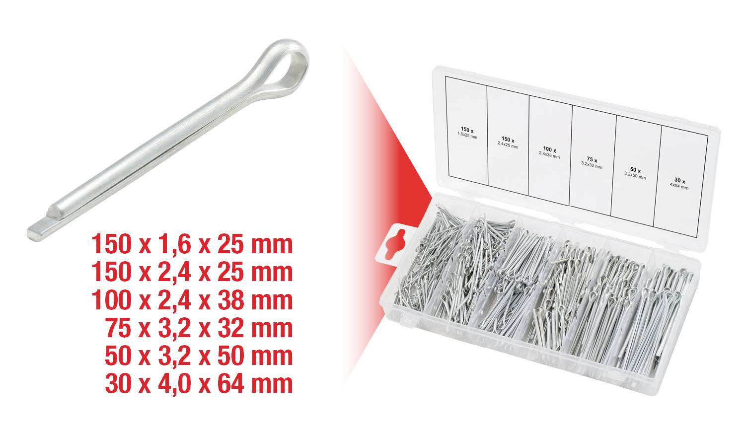 Eine Aufbewahrungsbox mit verschiedenen Sicherungssplinten in verschiedenen Größen. Links im Bild ein einzelner Splint.