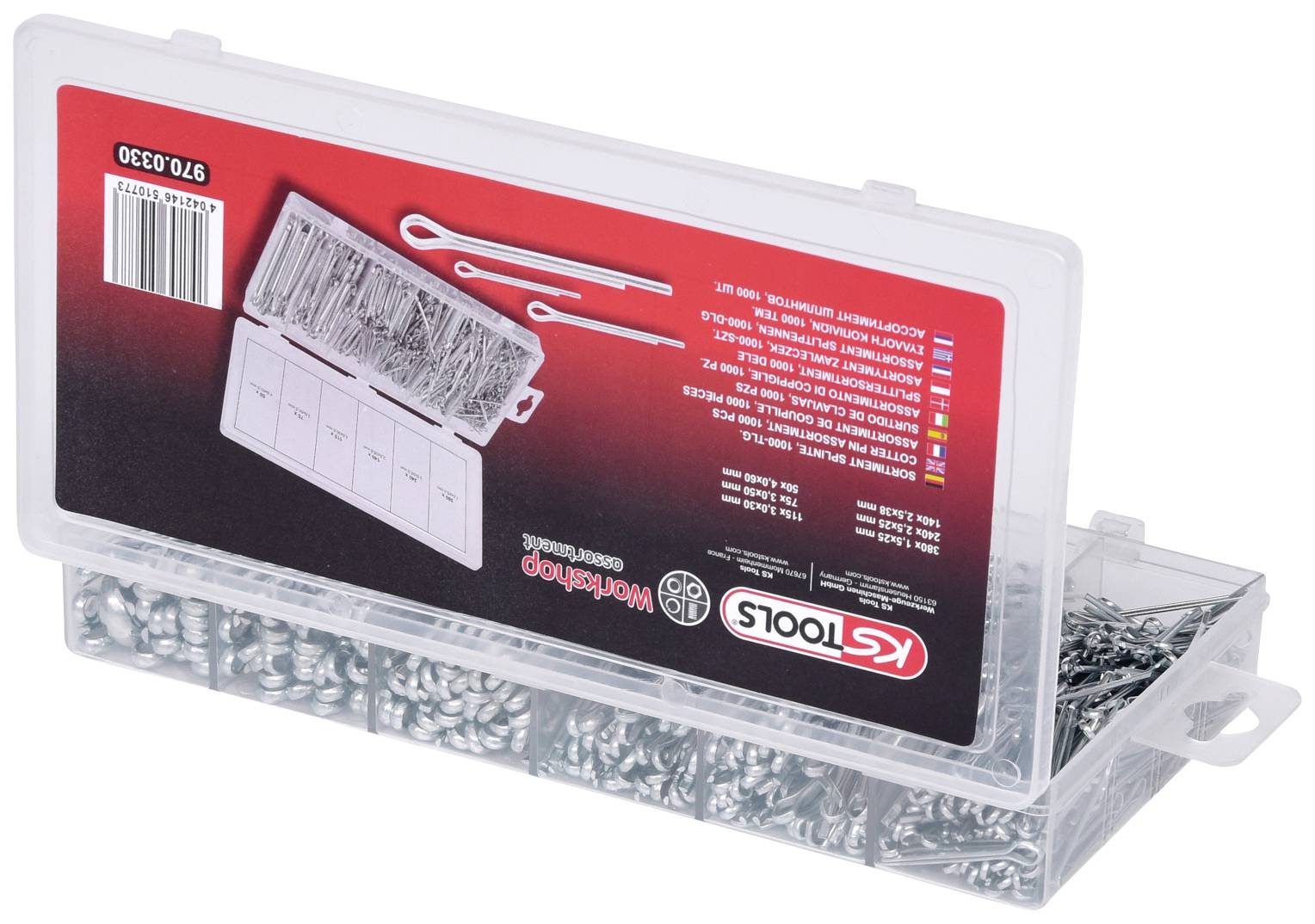 'KS Tools' Set mit Splinten in transparentem Kasten. Enthält verschiedene Größen. Auf der Verpackung steht 'Wonderlampid Metric'.