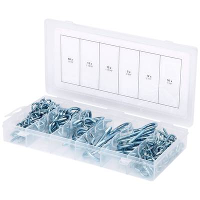 Plastikbox mit sechs Fächern; gefüllt mit silbernen Schraubhaken in verschiedenen Größen.