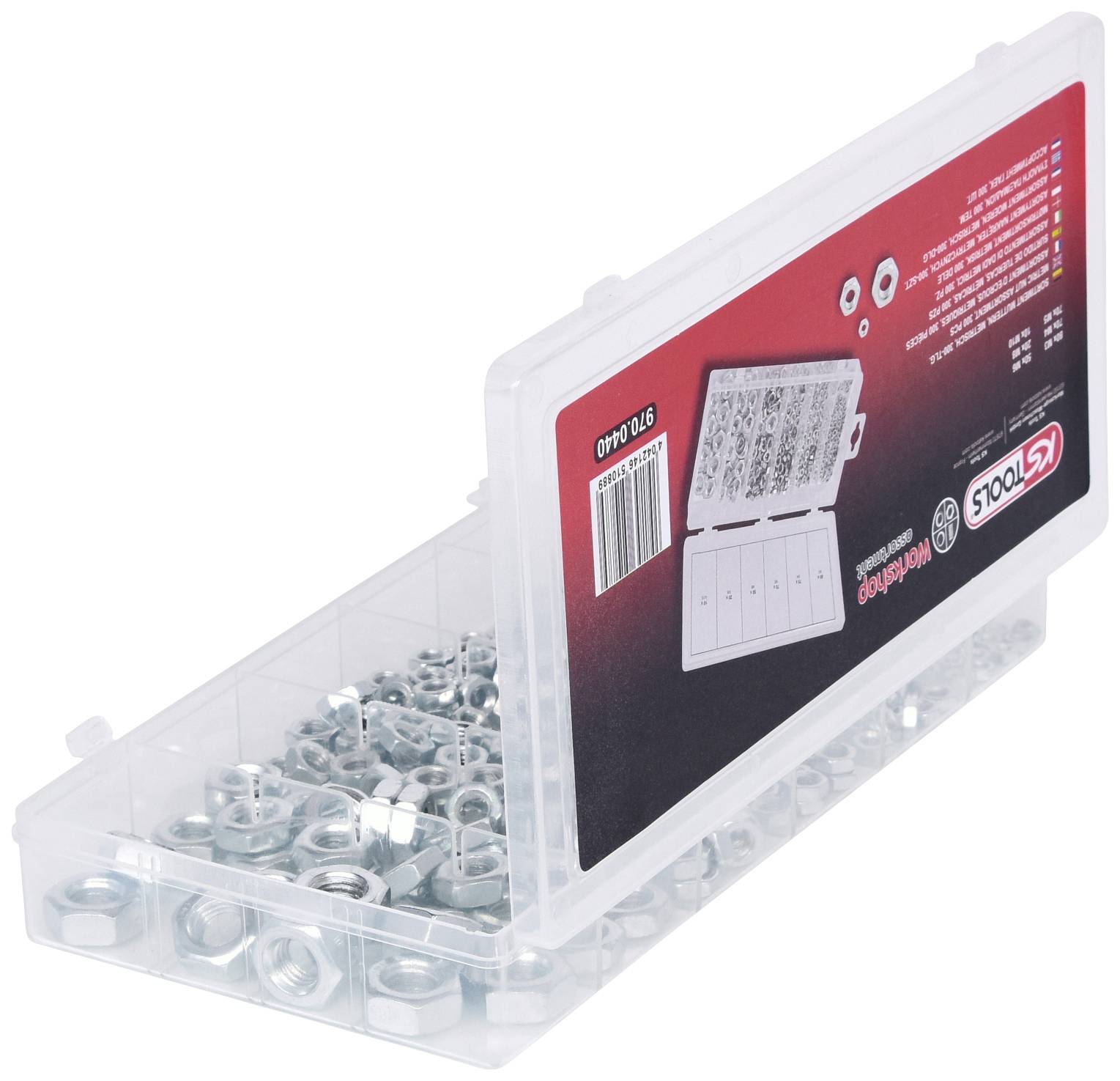'Eine transparente Plastikbox mit silbernen Muttern. Der Deckel zeigt ein Etikett mit Abbildungen und Produktinformationen.'