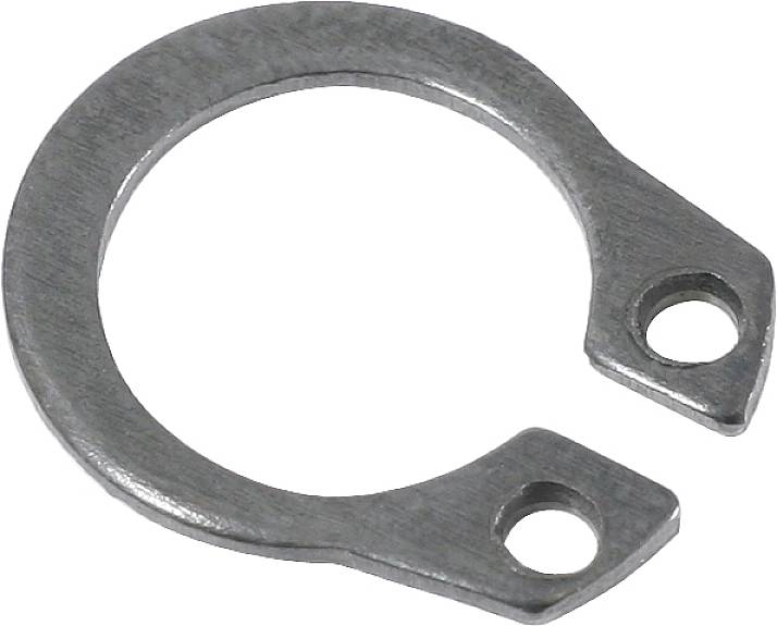 Ein Metall-Sicherungsring mit zwei Löchern, kreisförmig und flach, dient zur Fixierung von Bauteilen auf Wellen oder Achsen.