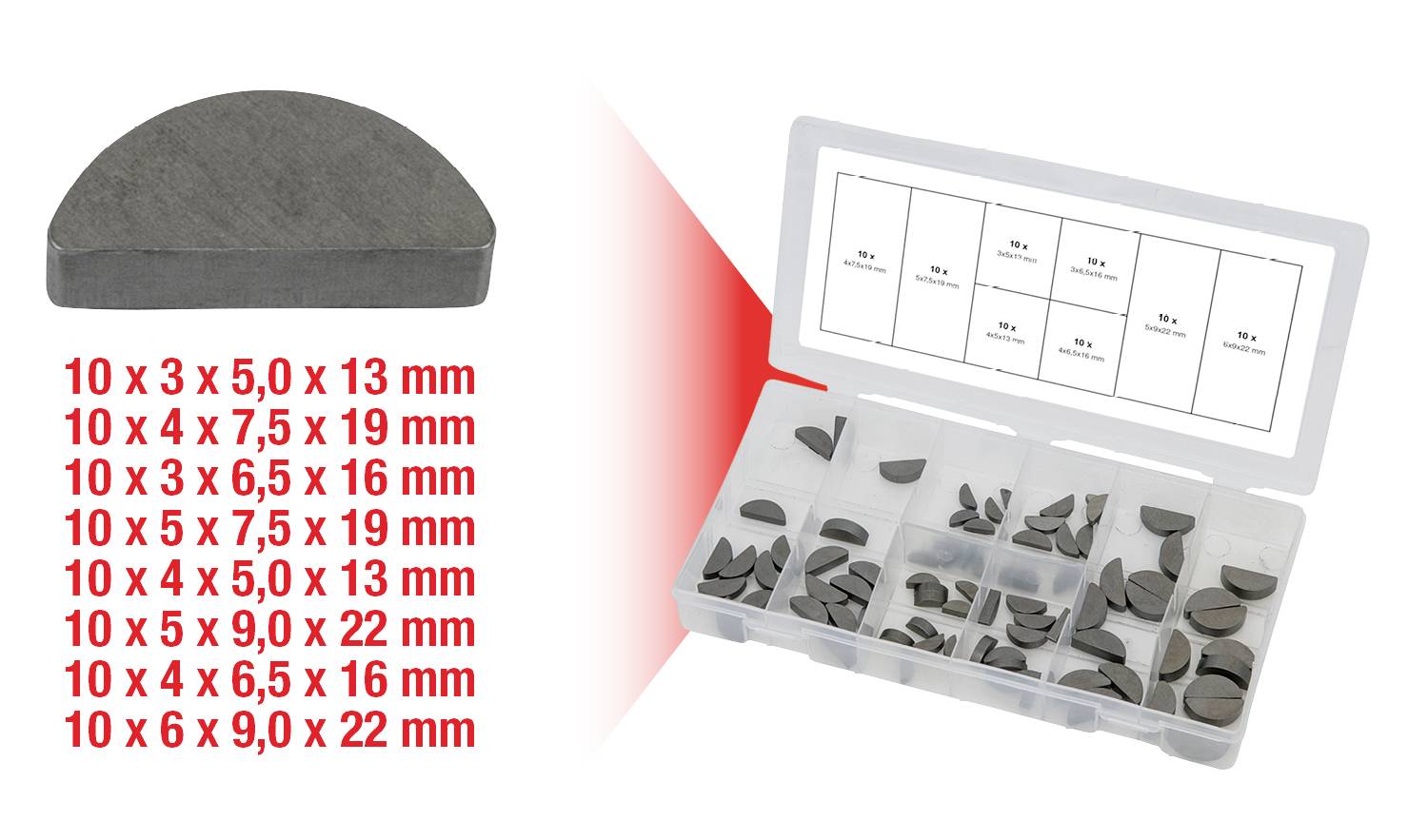 'Sortiment an Keilen: 10 x 3, 10 x 4, 10 x 5, 10 x 6 mm Größen. Jeder Typ in separatem Fach in einer Box.'