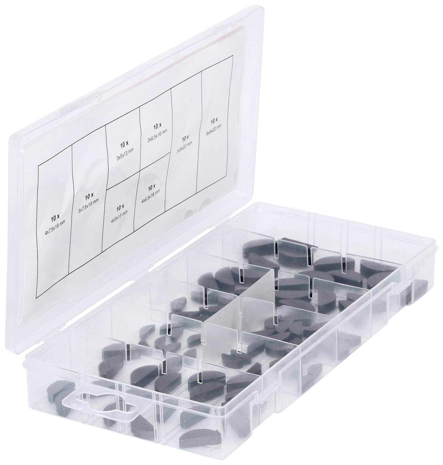Eine durchsichtige Kunststoffbox mit Fächern, die kleine, schwarze Gegenstände in Form von Buchstaben enthält. Deckel zeigt eine Einsatzübersicht.