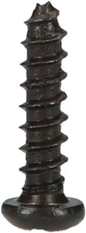 Eine schwarze Holzschraube mit einer scharfen, schneckenförmigen Spitze und flachem Kopf, geeignet zum Befestigen von Holzmaterialien.