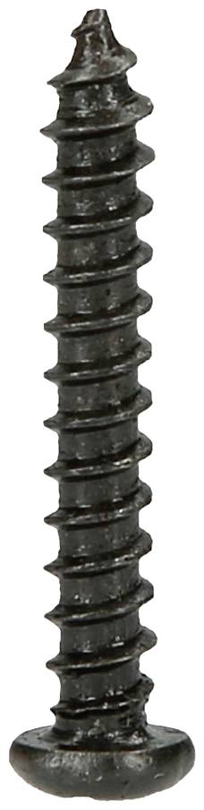 Nahaufnahme einer schwarzen Schraube mit spitzem Ende und Schraubengewinde für Holzbefestigungen.