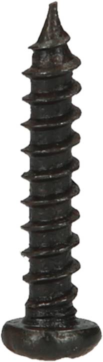 Ein schwarzer Schraubenhaken mit spiralförmigem Gewinde und spitzer Spitze, vertikal positioniert.