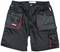 Schwarze Arbeitsshorts mit mehreren Taschen und roten Akzenten. Praktisch für Werkzeuge und Arbeitszubehör.