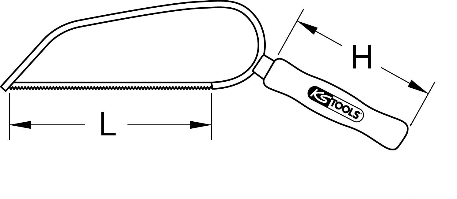 'KS Tools' Gebrauchsmesser mit gebogener Klinge. Eingezeichnet sind die Maße L (Länge der Klinge) und H (Gesamthöhe oder -breite).
