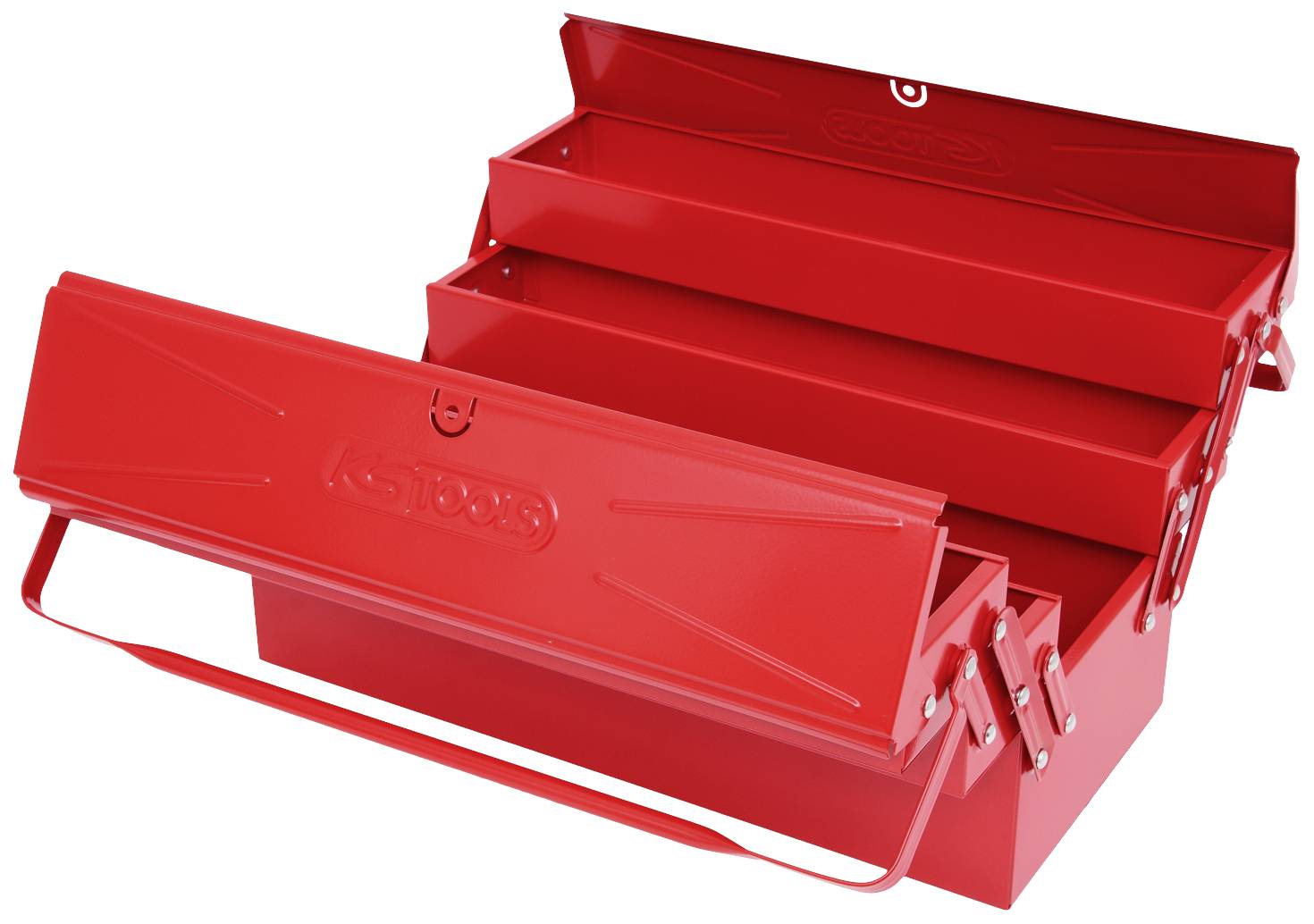 Roter, geöffneter Werkzeugkasten mit mehreren Fächern, zeigt zweckmäßiges Design zur Werkzeugaufbewahrung.