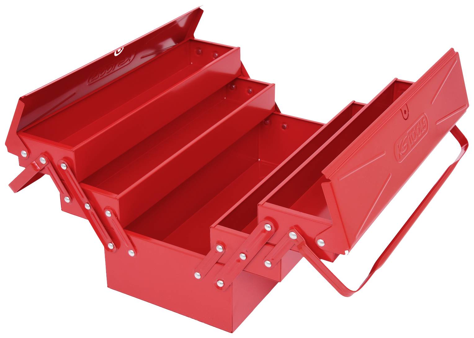 Roter Werkzeugkasten aus Metall, geöffnet mit mehreren Fächern für Werkzeuge und Zubehör.