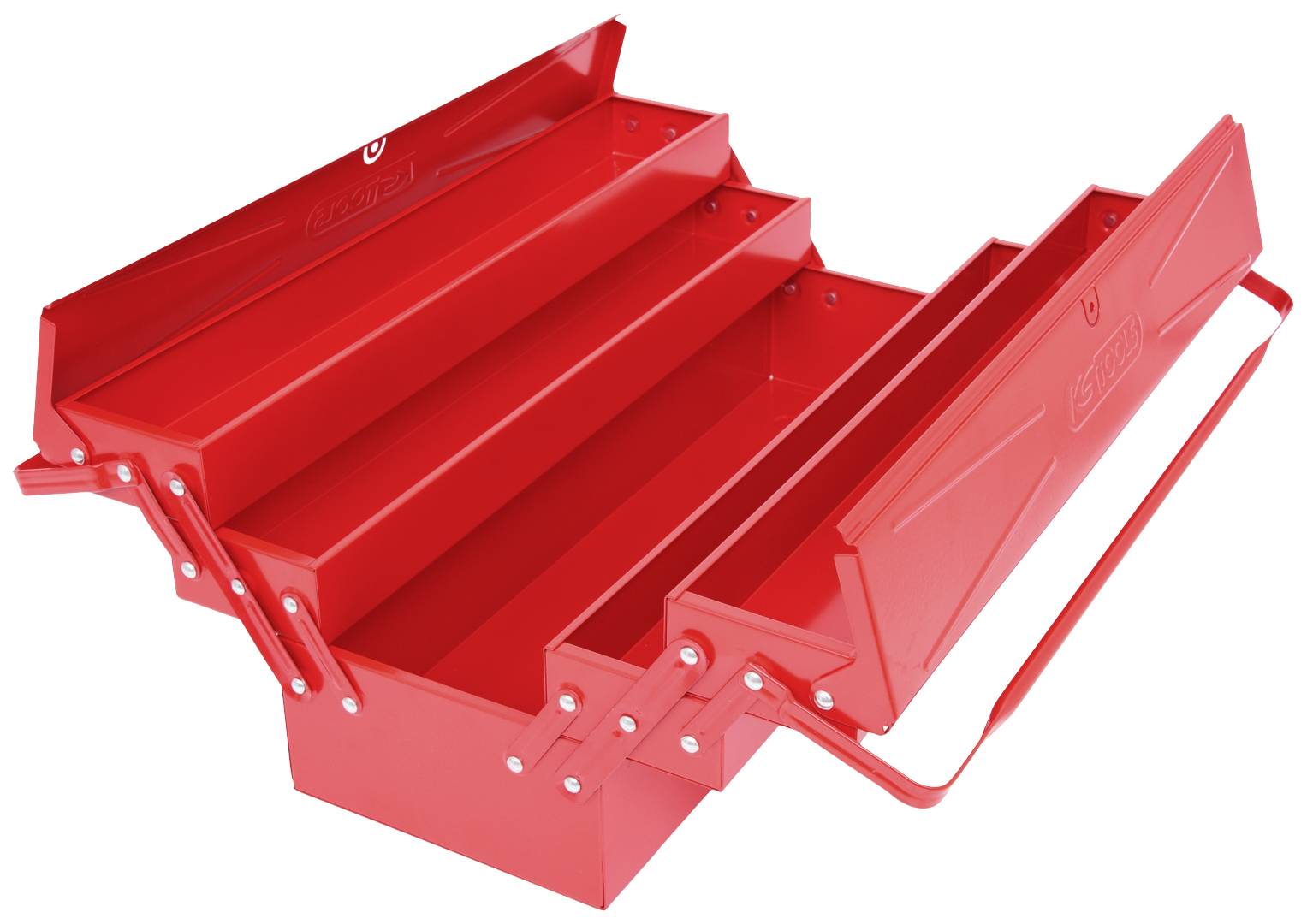 Roter Metallwerkzeugkasten mit mehreren ausklappbaren Fächern, die eine modulare und organisierte Aufbewahrung von Werkzeugen ermöglichen.