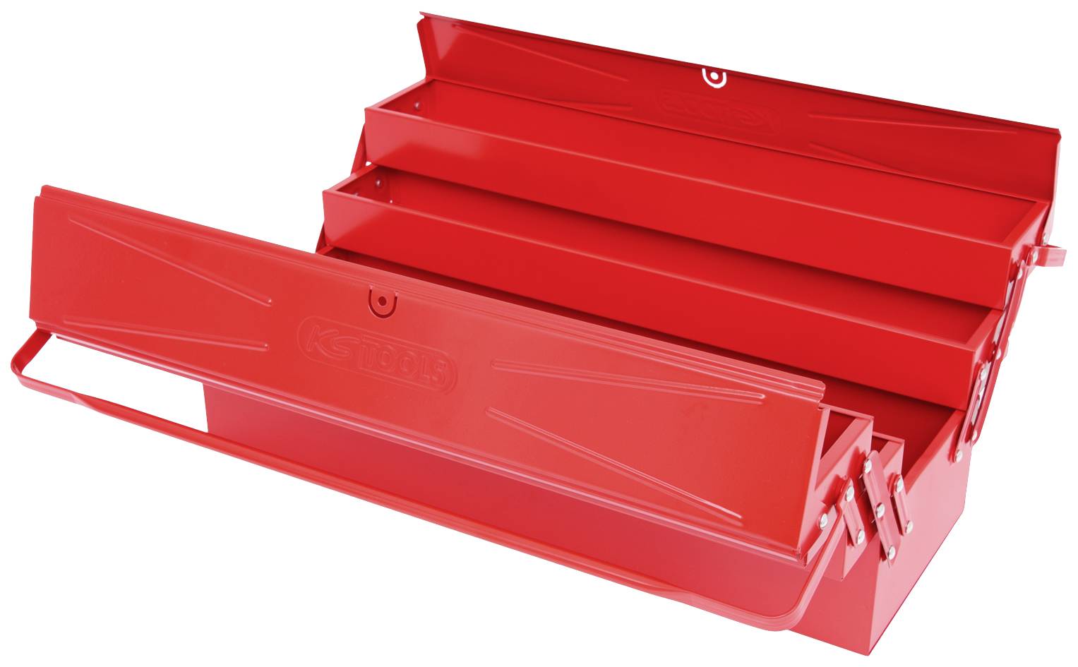 Rote Metall-Werkzeugkiste mit mehreren Fächern, offen dargestellt. Ideal zur Aufbewahrung von Werkzeugen oder Kleinteilen.