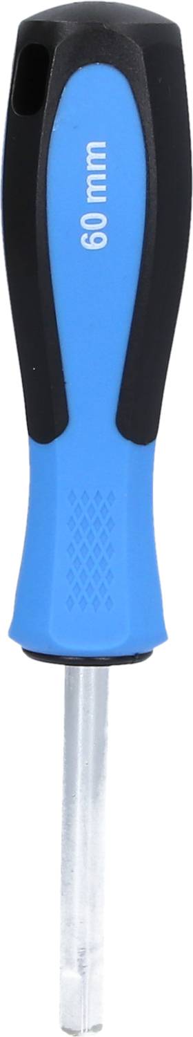Schraubendreher mit blauem und schwarzem Griff und einer Metallspitze. Am Griff steht '60 mm'.