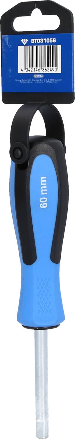 'Blauer Schraubendreher mit schwarzem Griff und einem 60 mm Metallstab. Verpackung oben zeigt Produktcode BD2B9069.'