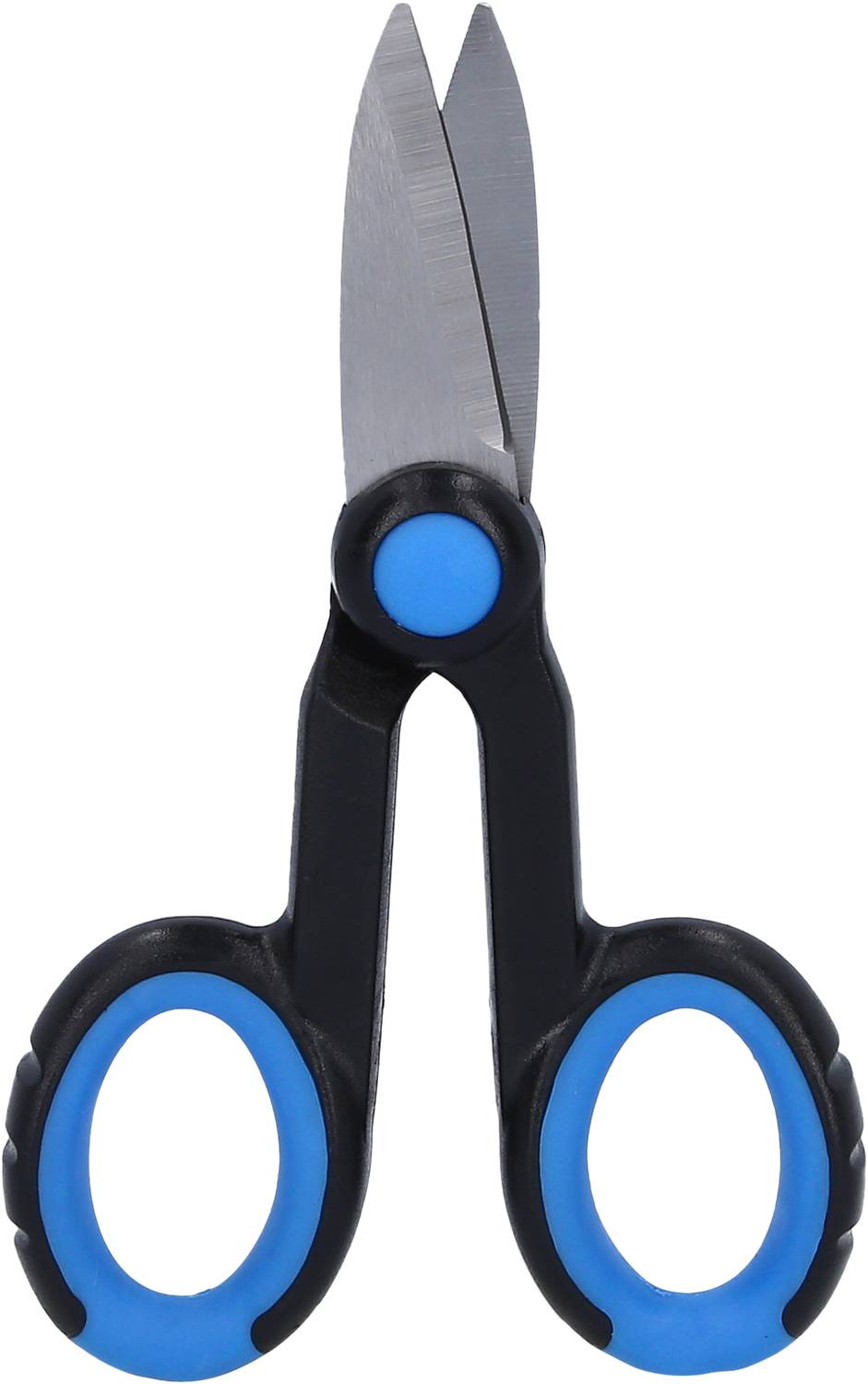 Schere mit blau-schwarzem Griff, geschlossen. Ideal für Büro- oder Bastelarbeiten.