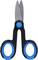 Schere mit blau-schwarzem Griff, geschlossen. Ideal für Büro- oder Bastelarbeiten.
