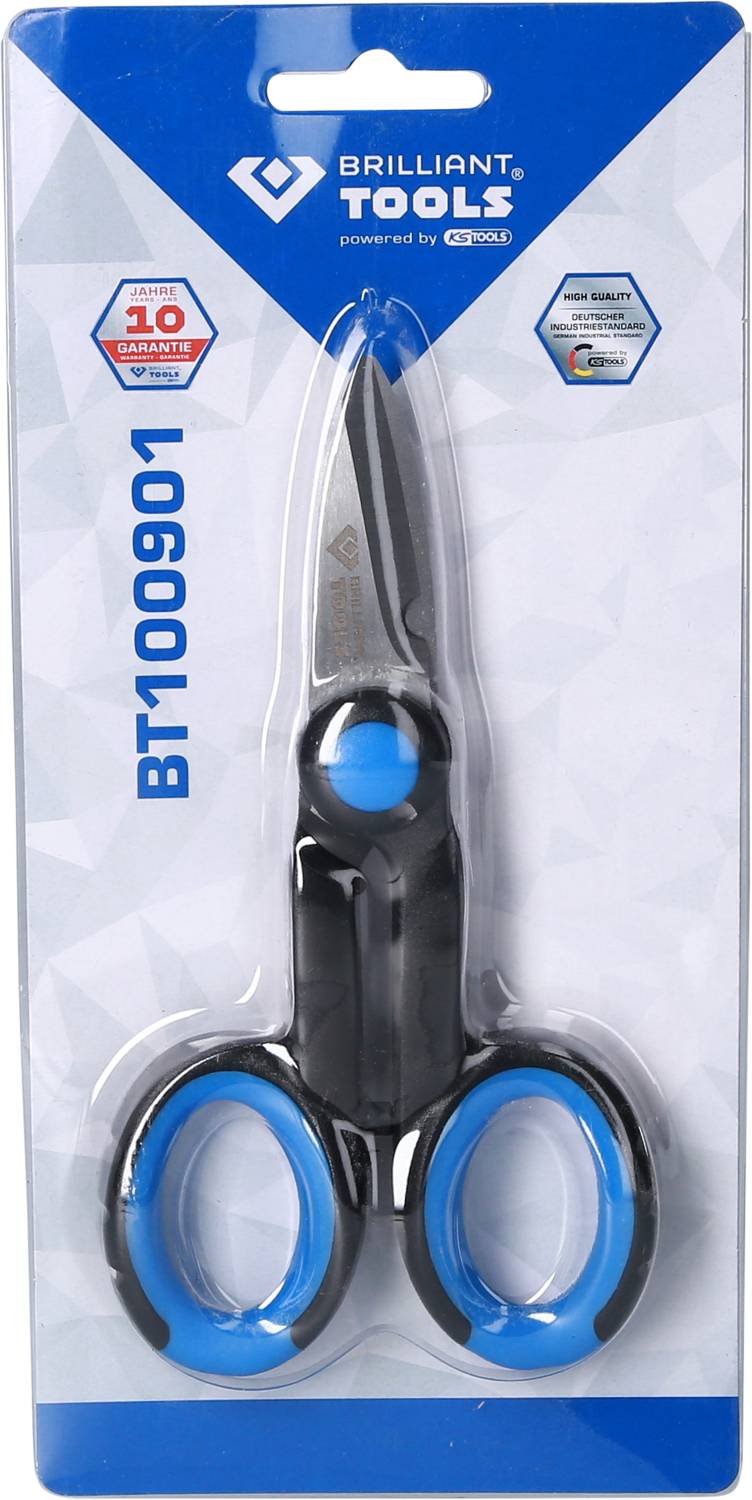 Verpackte schwarze und blaue Schere von Brilliant Tools, Modellnummer BT100901. Zehn Jahre Garantie wird auf der Verpackung hervorgehoben.
