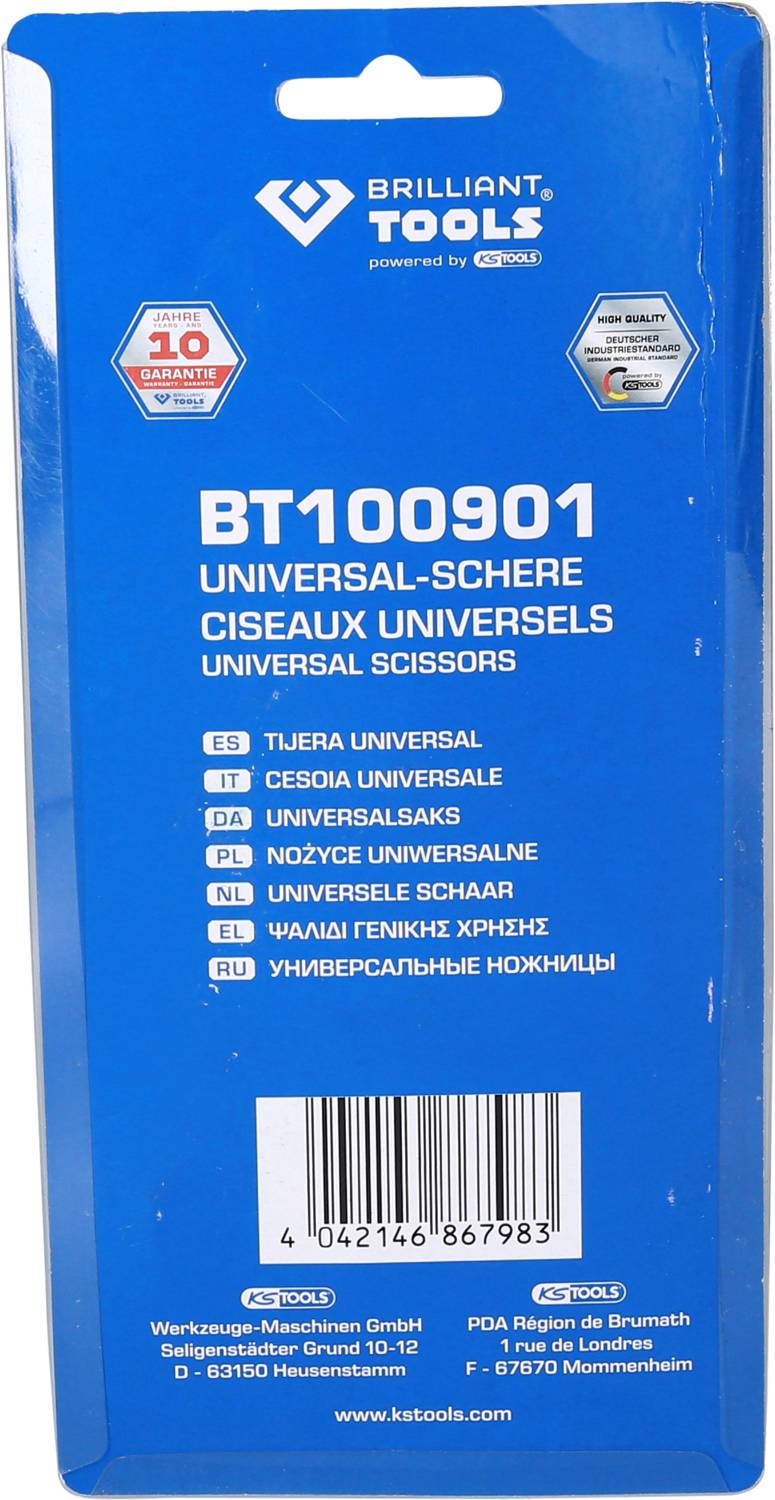 'Universal-Schere' in verschiedenen Sprachen auf blauem Hintergrund. Produktnummer BT100901. Verpackung von Brilliant Tools.