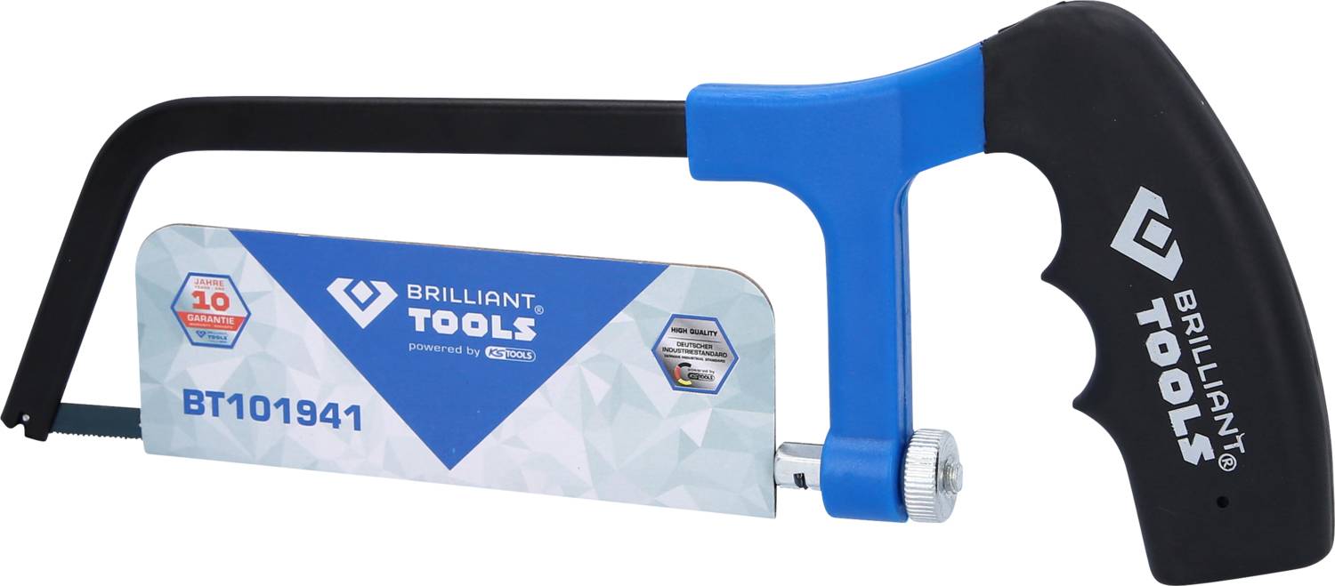 Metallsäge mit blau-schwarzem Griff und Klinge von 'Brilliant Tools'. Etikett zeigt Garantie von 10 Jahren und Produktnummer BT101941.