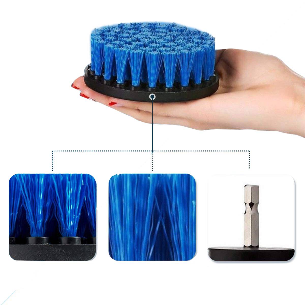 Nahaufnahme einer Hand, die eine runde Bürste mit blauen Borsten hält. Details zu Borsten und Steckmechanismus sind vergrößert dargestellt.