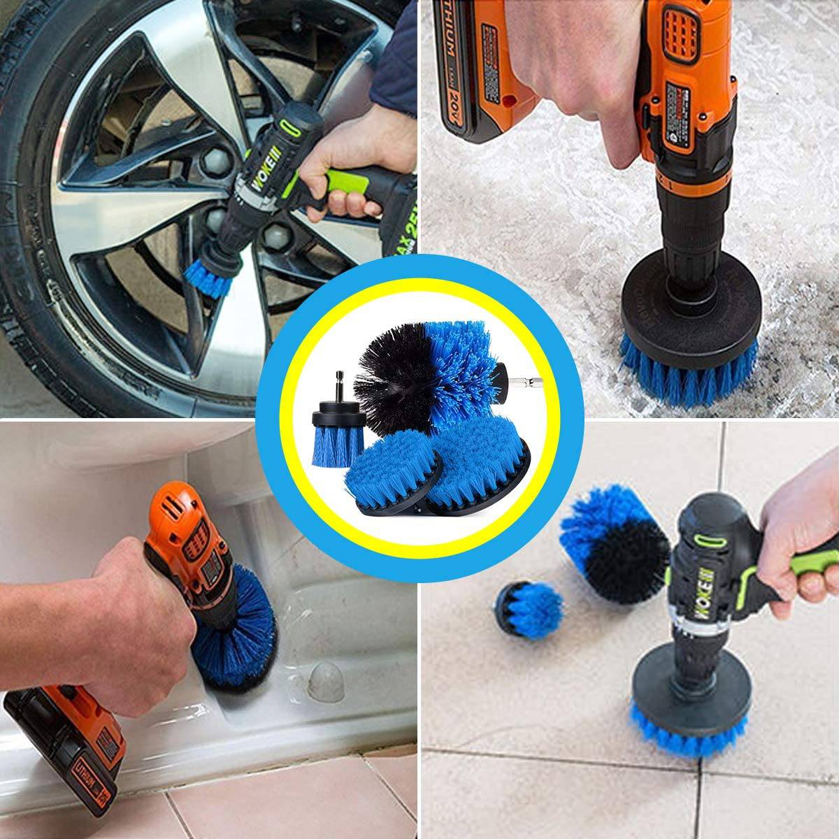 Eine Hand hält eine Bohrmaschine mit blauer Bürstenbefestigung, die zum Reinigen eines Autoreifens, Fliesenspalten und Fußbodens verwendet wird.