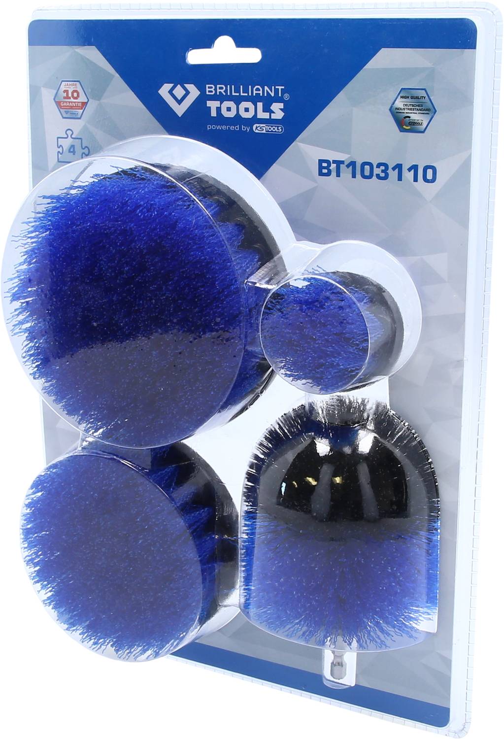 'Brilliant Tools' Reinigungsbürstenset mit vier blauen Bürsten in verschiedenen Größen. Verpackt in durchsichtiger Blisterpackung.