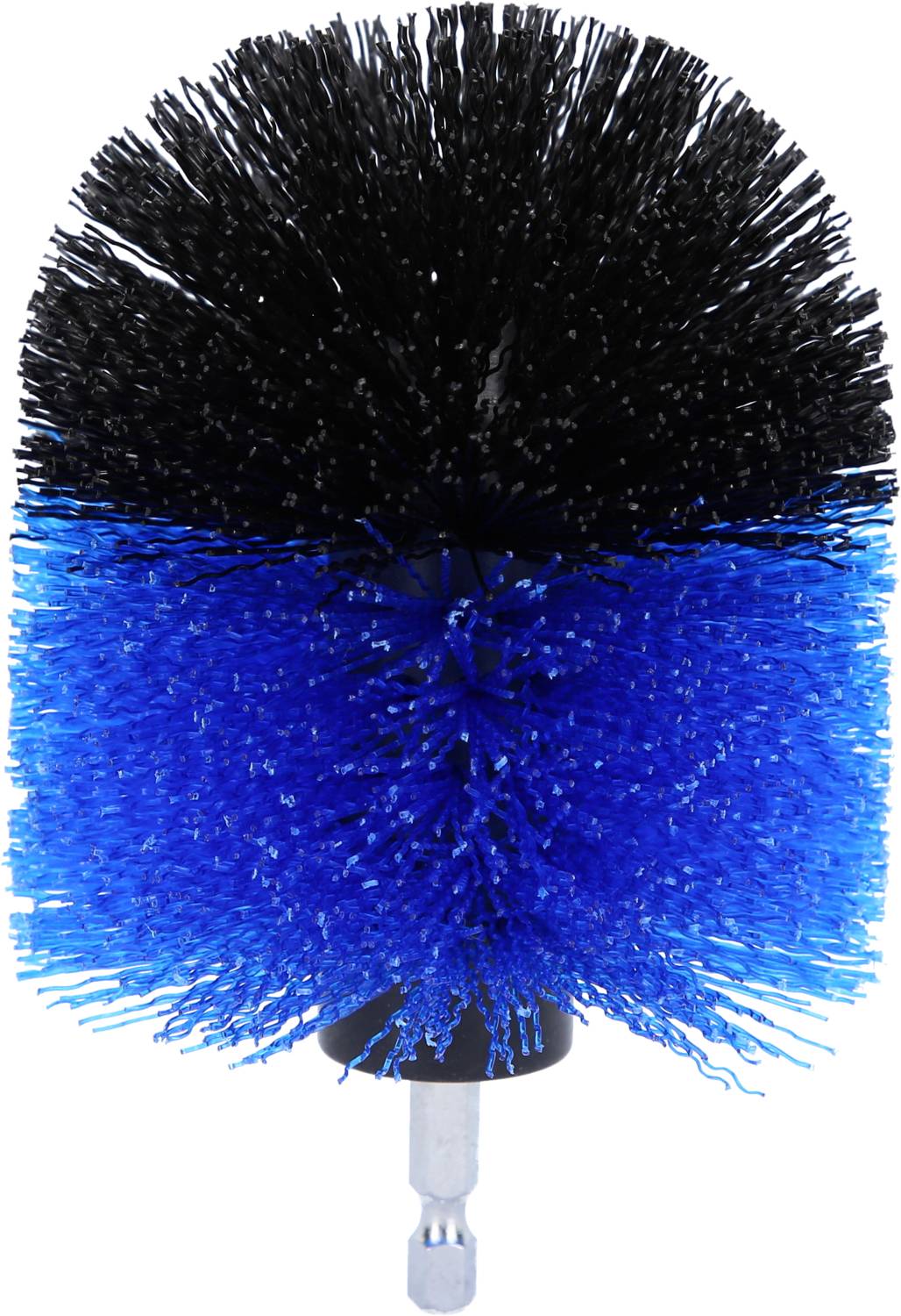 'Bohrbürstenaufsatz mit schwarz-blauen Borsten, geeignet für kraftvolles Schrubben. Mit Sechskant-Befestigungsende für Bohrmaschinen.'