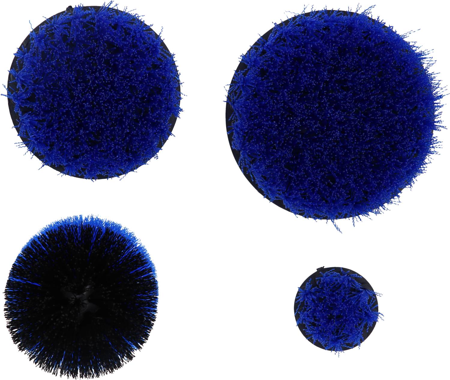 Drei blaue, borstige, runde Objekte unterschiedlicher Größe auf weißem Hintergrund. Sie ähneln Reinigungsbürsten.