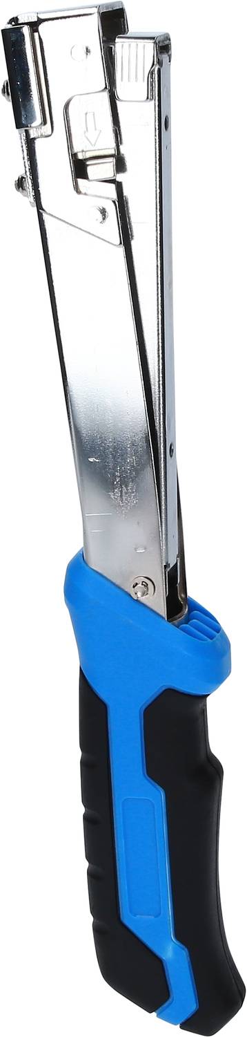 Handhefter in Blau und Schwarz, geeignet zum Heften von Papierstapeln. Ideal für Büro- oder Heimgebrauch.