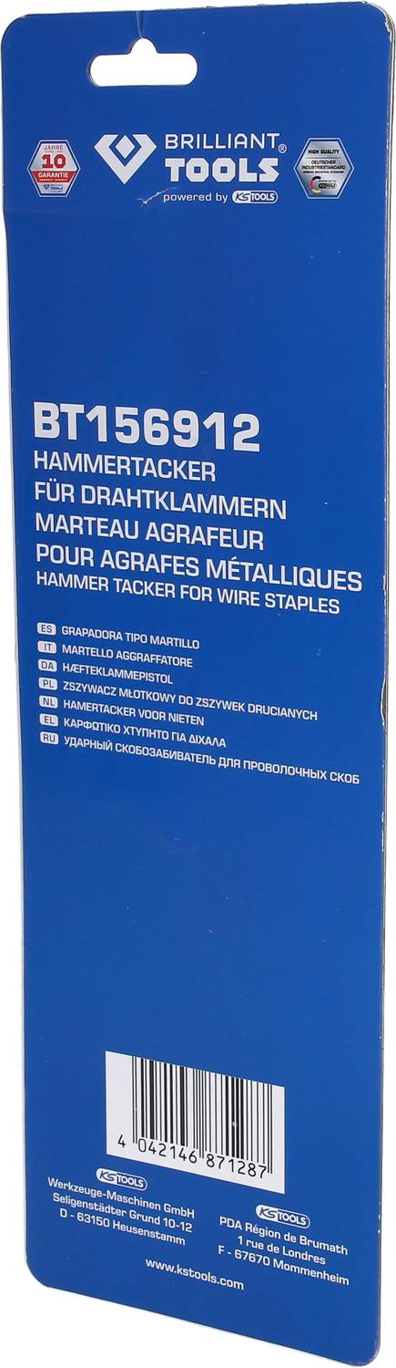 Verpackung eines Blashämmer Tackers der Marke Brilliant Tools. Details zu Funktionen und Barcode sichtbar.