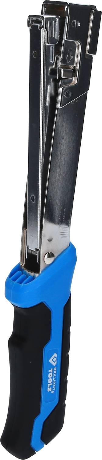 Ein blau-schwarzer Tacker in Nahaufnahme. Das Werkzeug ist länglich mit einem Metallkopf, geeignet zum Heften von Dokumenten.