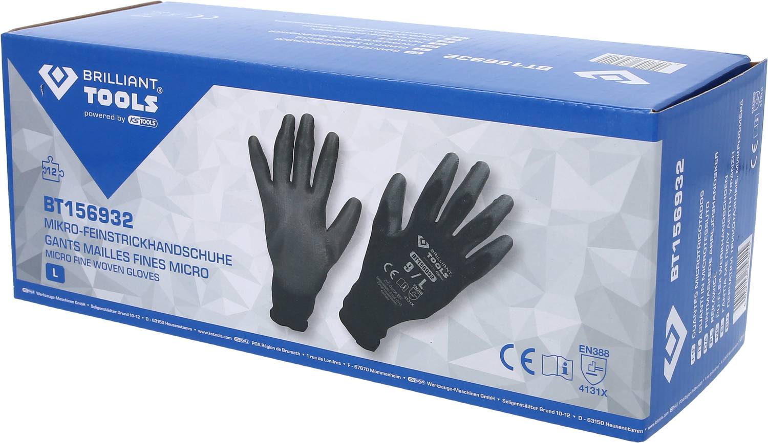 Eine Verpackung von "Mikro-Feinstrickhandschuhen" von Brilliant Tools, mit zwei abgebildeten schwarzen Handschuhen und Größenspezifikation L.